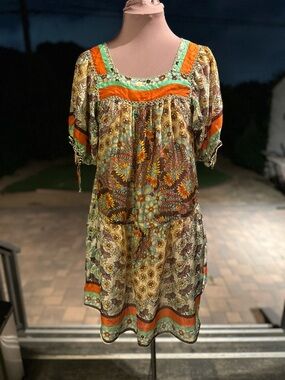 Boho Floral Peasant Dress in Orange & Mint